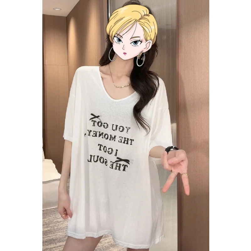 白色宽松大版型短袖t恤女2025夏季新款中长款遮屁股显瘦半袖上衣