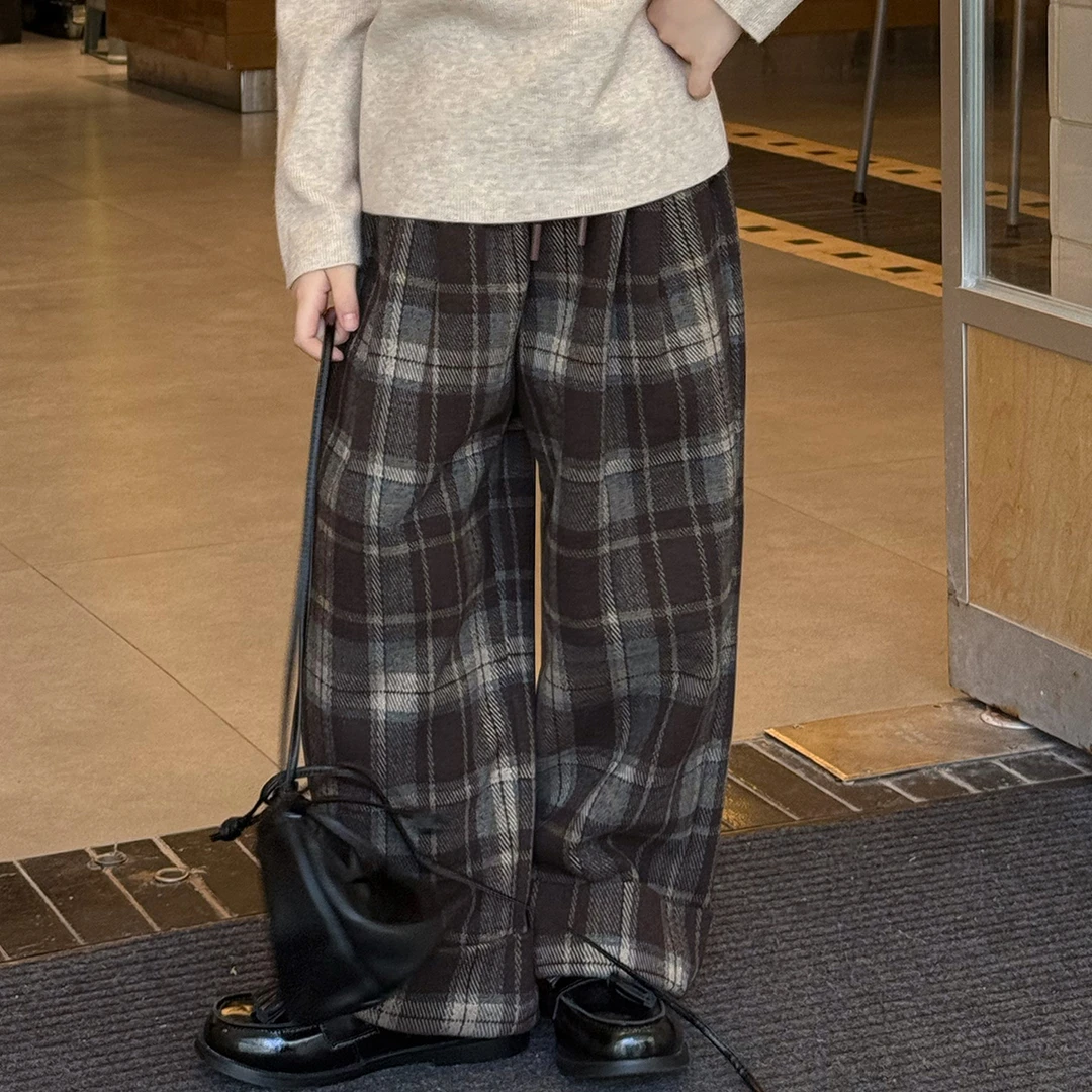 「麦麦秋」【格子控】加绒格女中大童冬休闲宽松直筒格子阔腿裤GD2296