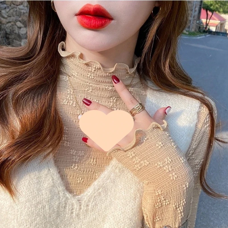 蕾丝打底衫女半高领时尚新款春秋薄款内搭长袖打底上衣木耳边小衫