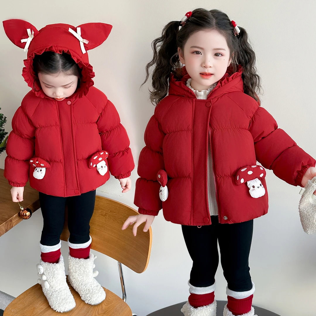 女童冬装碎花棉衣连帽2025新款棉服加厚上衣