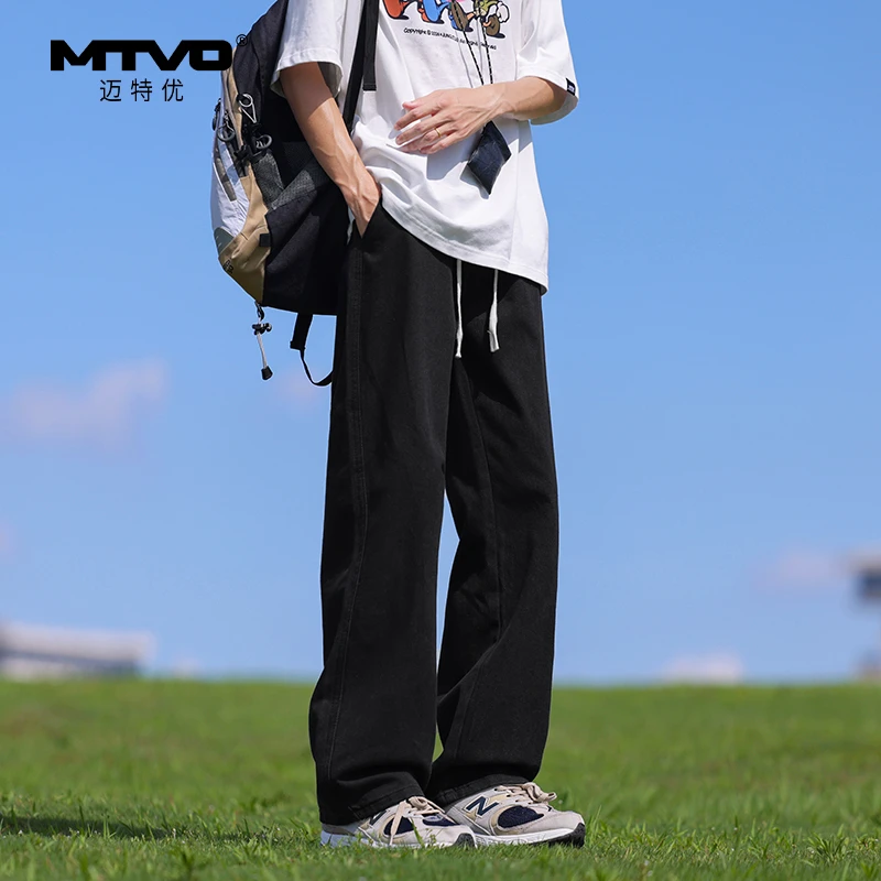 松紧腰直筒牛仔裤2025年新款秋季男款美式潮牌时尚高街休闲牛仔裤