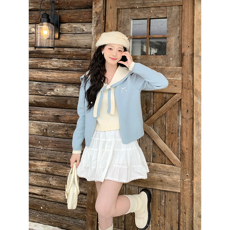 法式海军领假两件短款针织衫女2024秋季新款设计感小个子百搭