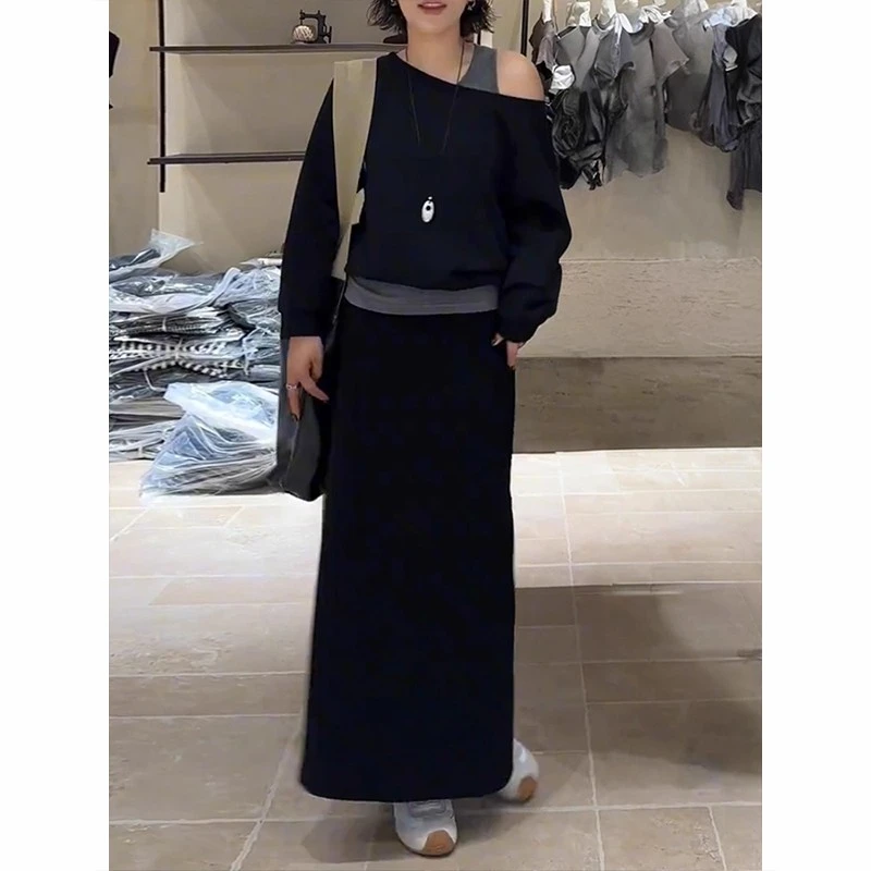 慵懒风秋季松弛感穿搭套装女2025新款拼接露肩卫衣+半身裙两件套