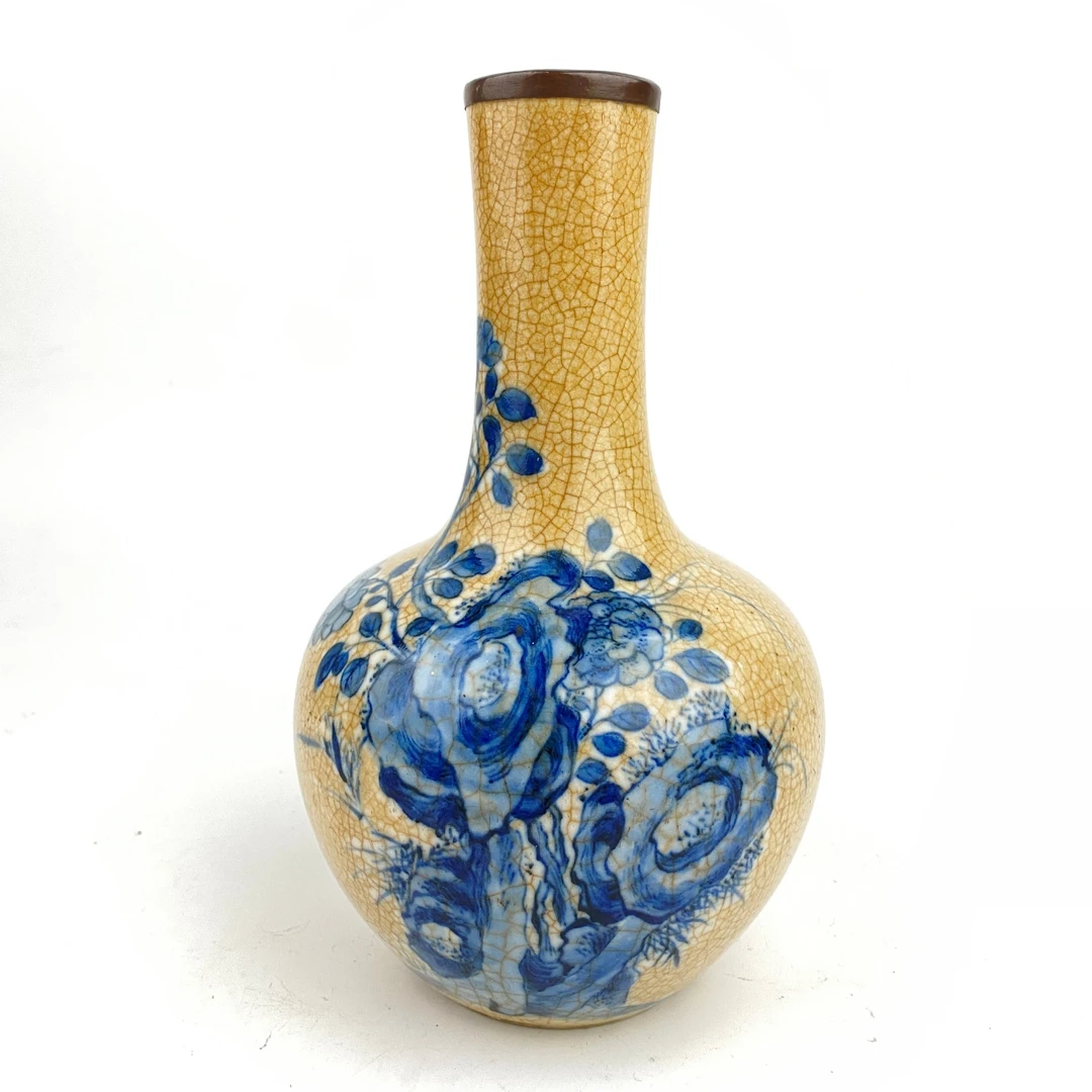 CY2-30清中期·哥釉青花花卉纹天球瓶【古董拍卖】