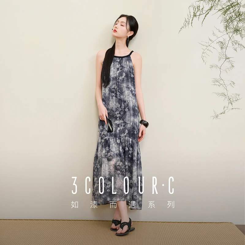 三彩【墨澜听雨】2025夏季新款亮丝雪纺连衣裙新中式吊带长裙女C
