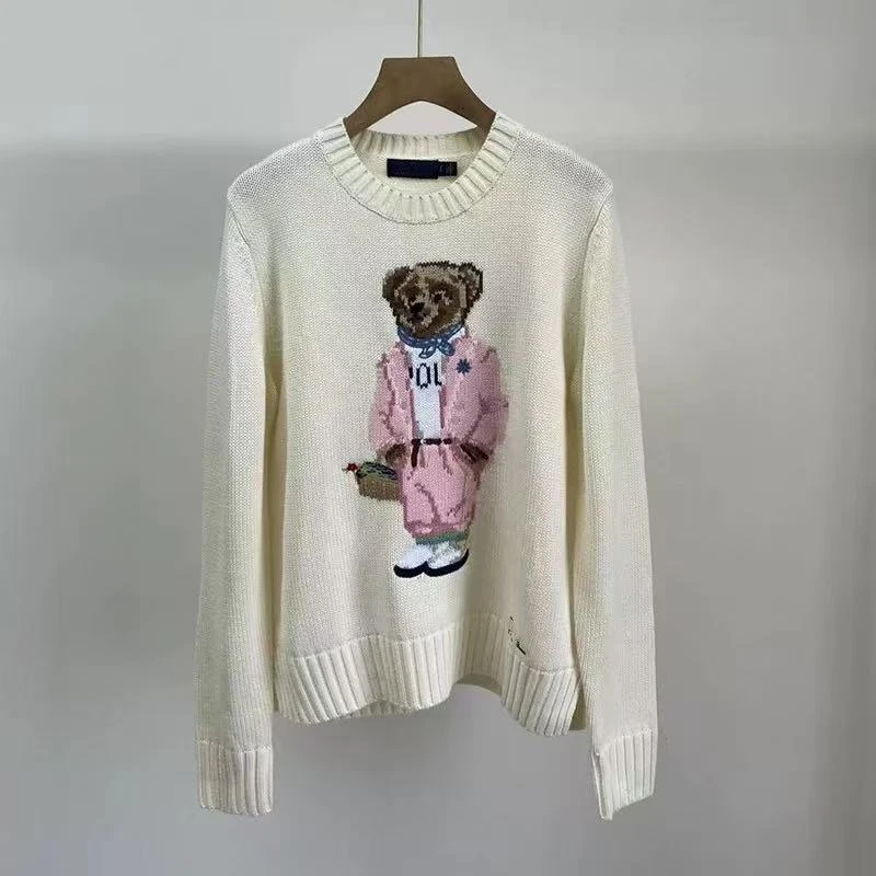 1566#粉色小熊套头圆领毛针织衫上衣女