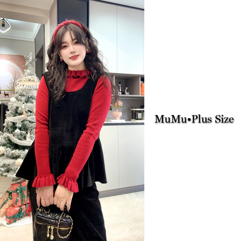 【木 木】秋冬新款木耳双层荷叶边上衣丝绒背心马甲半身裙三件套