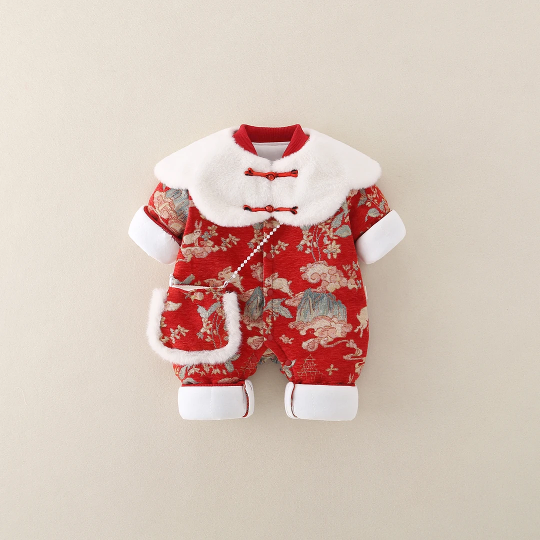 婴儿冬装拜年服新生女宝宝冬季连体衣国风周岁礼服冬款洋气外出服