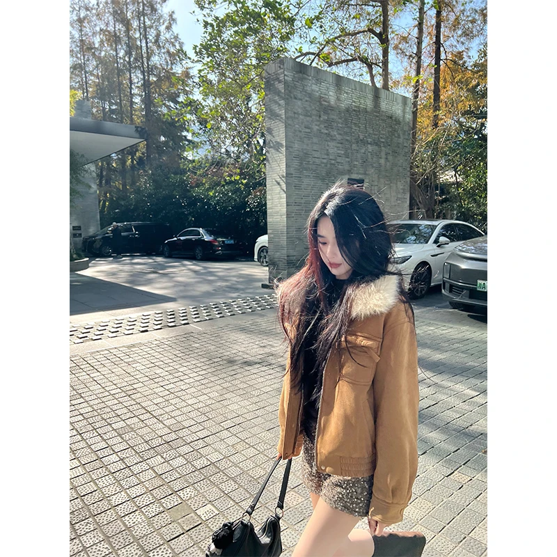 法式气质毛领蝴蝶结麂皮绒棉服外套女秋冬季爆款时尚百搭棉袄外套