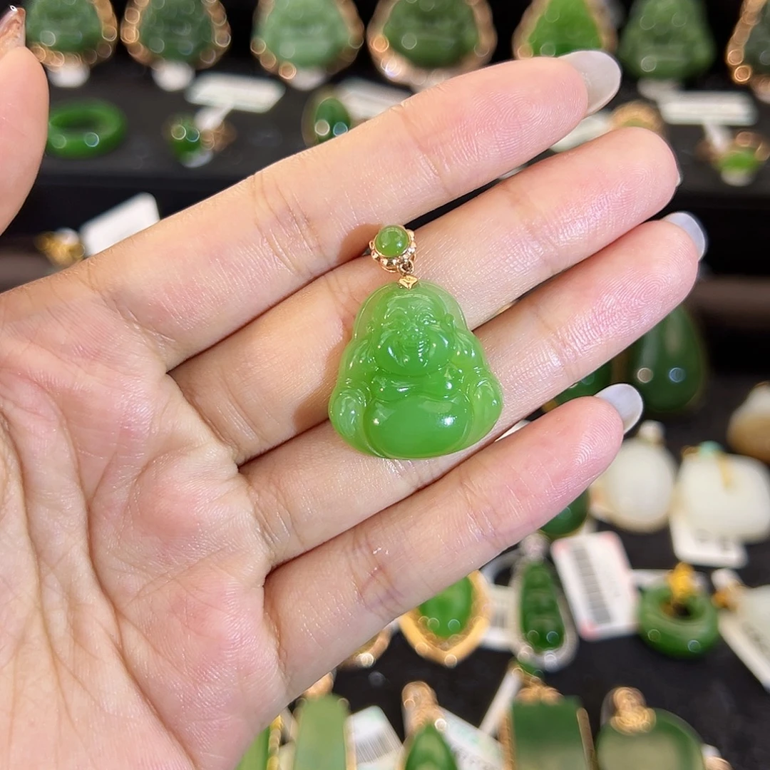 和田玉（碧玉）18K金镶嵌吊坠(不含链)