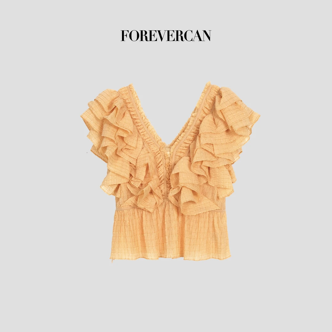 FOREVERCAN“午后暖阳”立体荷叶边V领收腰衬衫上衣ST18398B