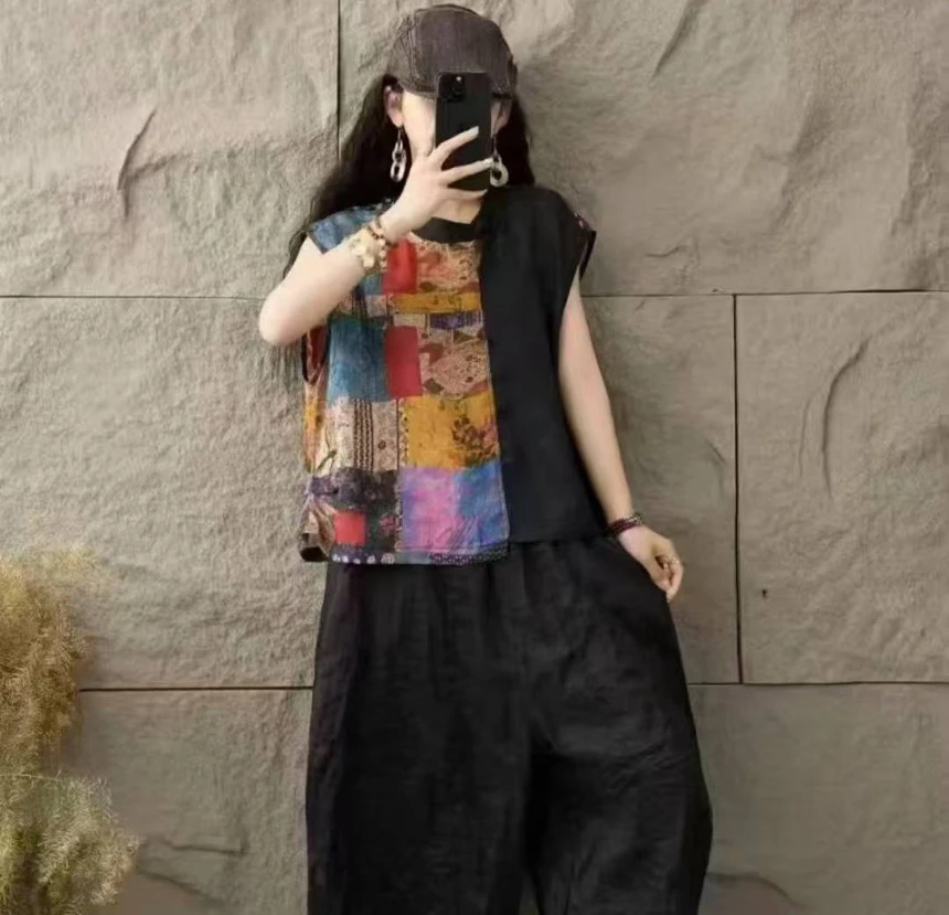 短款拼接t透风透气不对称透气T恤中式印花Y3K西域风