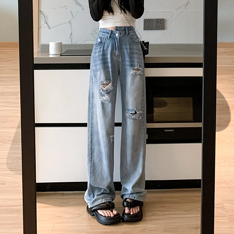 2025夏季新款高腰显瘦破洞拉丝错位纽扣设计窄版直筒阔腿牛仔裤女
