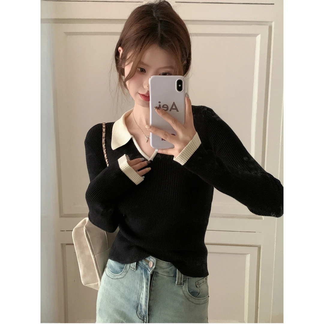 老钱风Polo领针织衫女秋冬季修身显瘦正肩V领长袖打底上衣内搭T恤