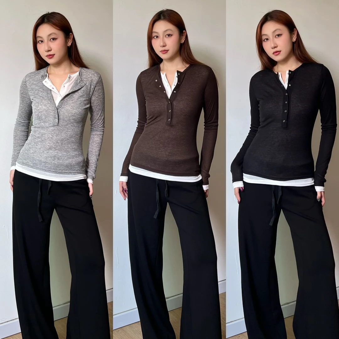 Wild Mi 春秋季新款欧美风假两件长袖T恤女修身显瘦辣妹上衣A4443