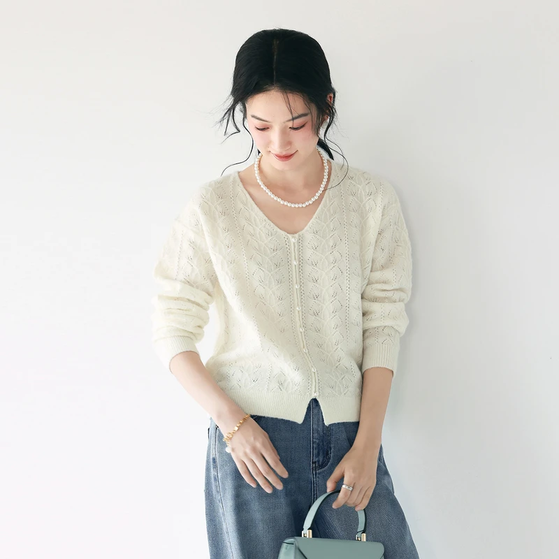 伊芙丽V领镂空设计感小众百搭羊毛针织开衫女上衣2025春1G1930631