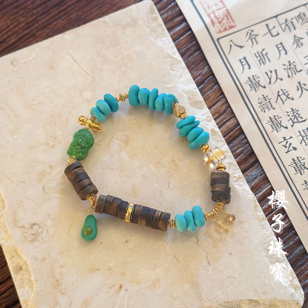 樱子 | 见山 奇楠药片沉水沉香18K金藏扣绿松时尚手串*YZCS1686
