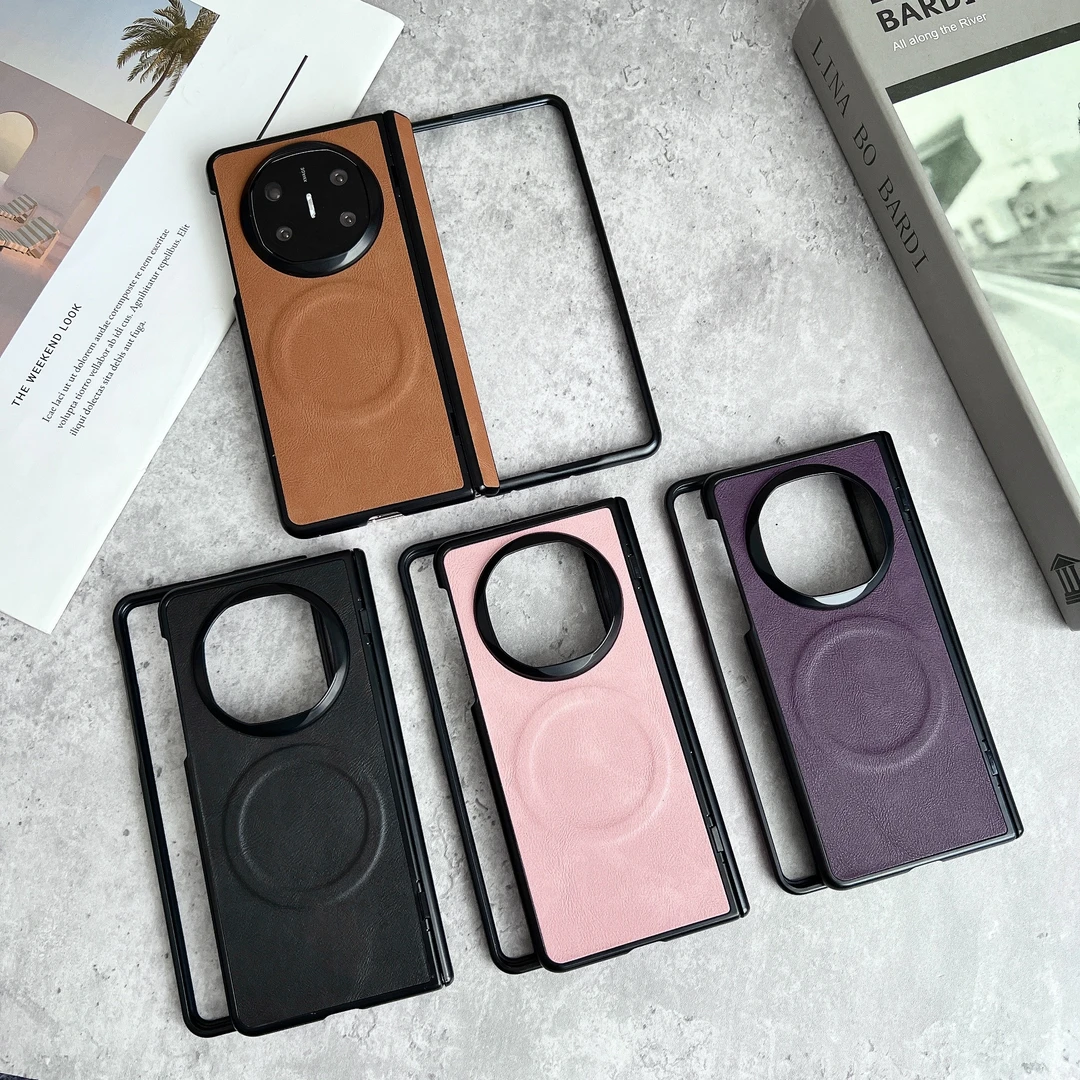 适用华为matex6手机壳壳膜一体真羊巴皮纹X5磁吸中轴全包防摔商务