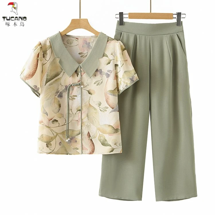 啄木鸟中老年妈妈夏装2025新款短袖T恤套装女装夏季T恤上衣两件套