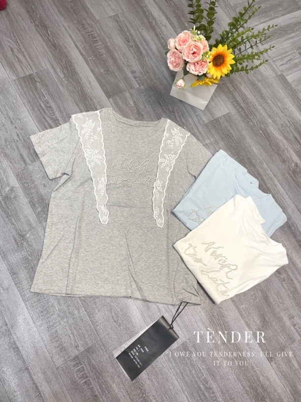 2025春夏季新款珍珠刺绣字母+蕾丝丝巾披肩简约短袖T恤女
