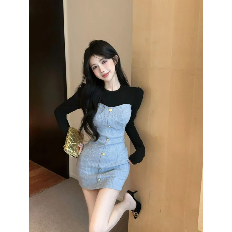 法式纯欲辣妹圆领撞色拼接设计感假两件收腰显瘦长袖包臀包臀裙