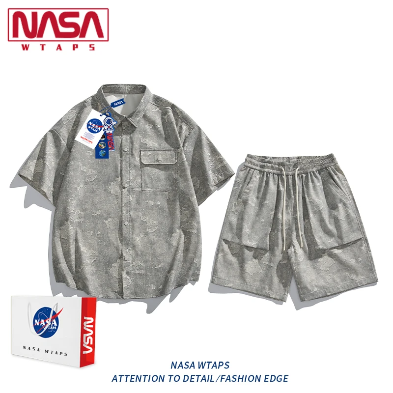 NASA WTAPS翻领短袖衬衫套装男士夏季新款宽松扎染衬衣短裤两件套