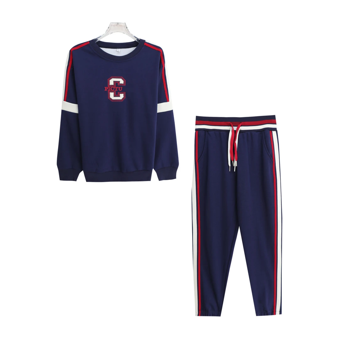 圆领撞色宽松百搭上衣洋气条纹休闲长裤套装S4925