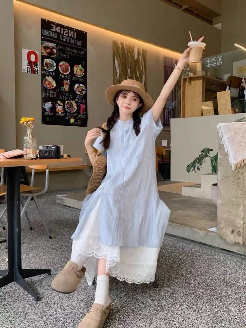 可爱 日系甜美叠穿套装夏季新款条纹衬衫连衣裙蕾丝半身裙两件套