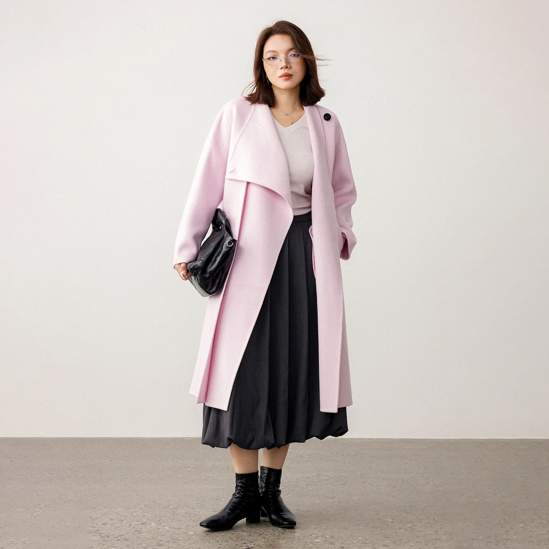 PLUSMALL 粉雾晨曦 中长款双面呢混纺防风保暖PLUS2508144