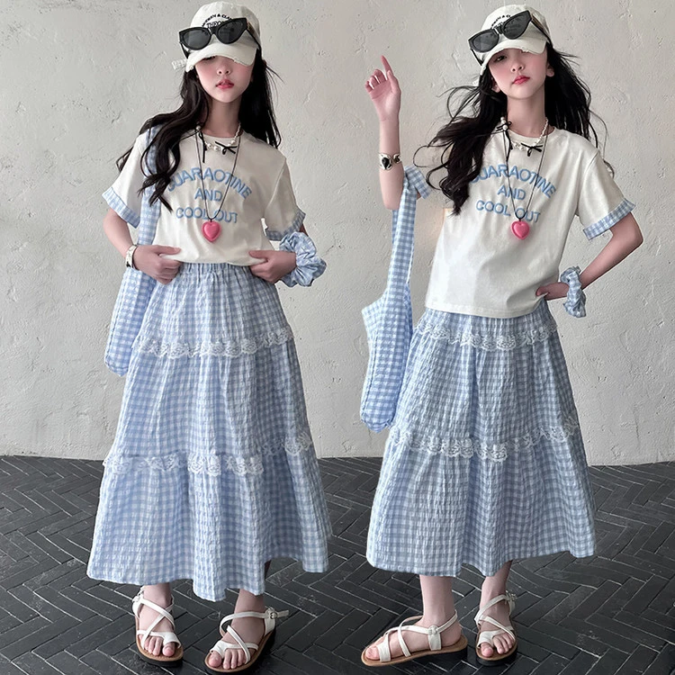 女童短袖套装2025新款儿童洋气韩版t恤女孩蕾丝格子半身裙四件套