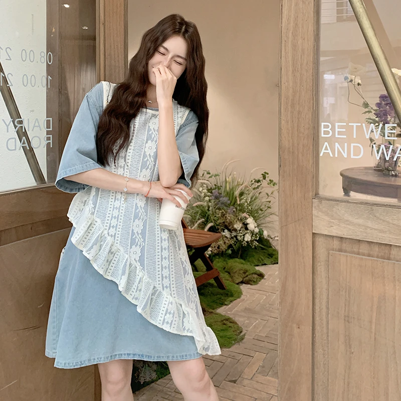 巨好看小清新蕾丝罩衫套装裙女2025夏季新款韩系牛仔连衣裙两件套