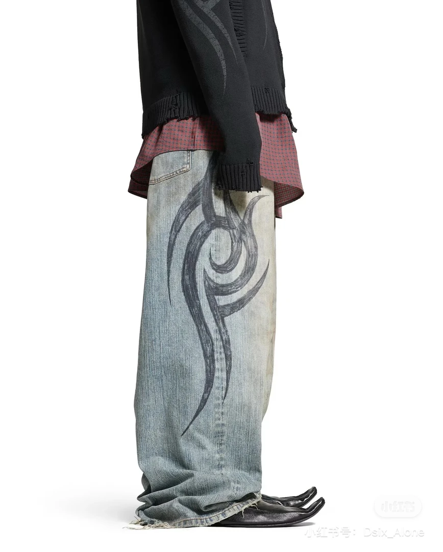 秀款竹节纹水洗做旧擦脏手绘图腾抽绳男女同款宽松阔腿牛仔裤