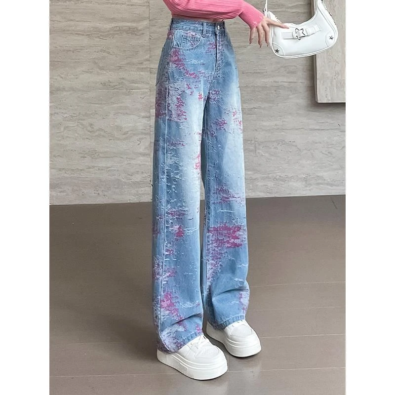 多巴胺牛仔裤2025新款印拖地裤女春季宽松爵士舞蹈穿搭高腰直筒裤