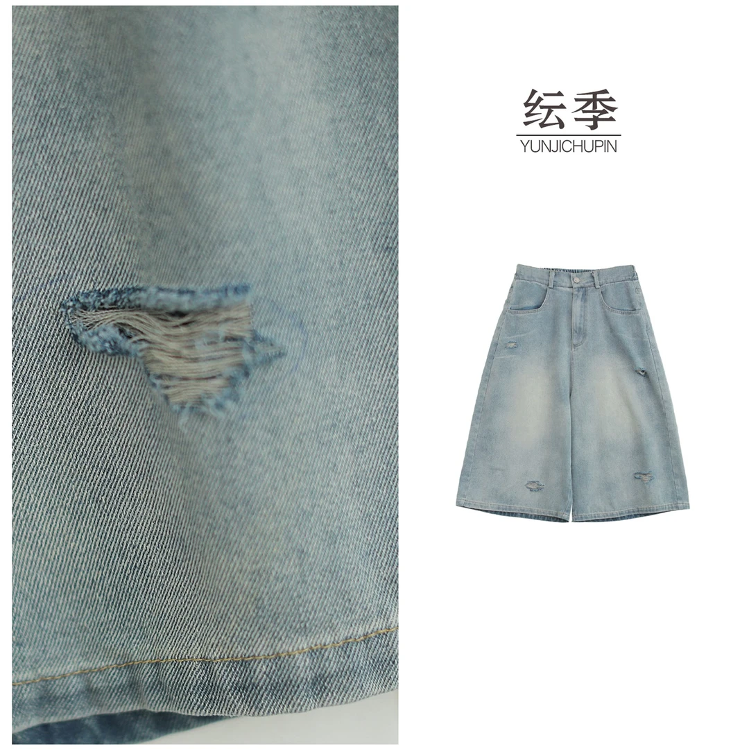 【米可原创】裤长64 -66夏季新款宽松水洗复古牛仔六分裤女D25408
