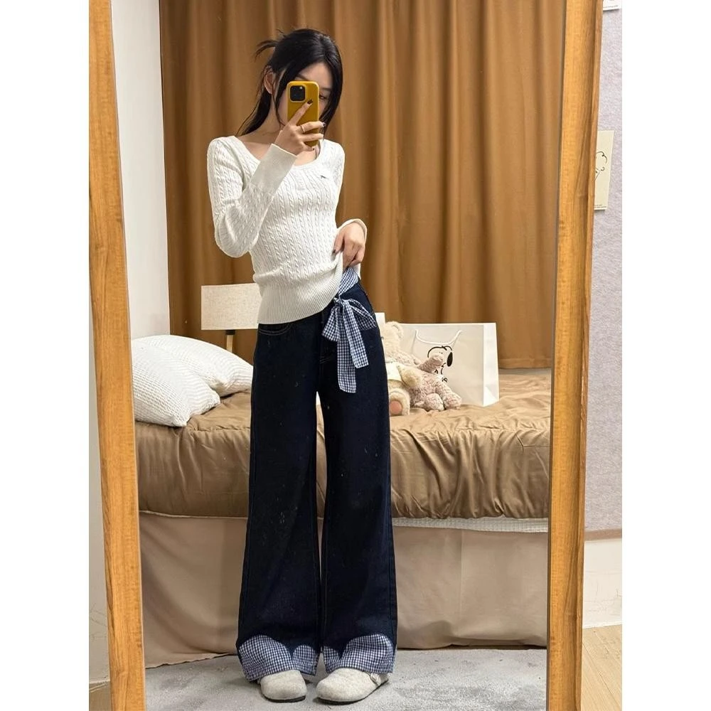 蓝色蝴蝶结绑带设计感拼接宽松阔腿牛仔裤女高腰直筒垂感拖地长裤