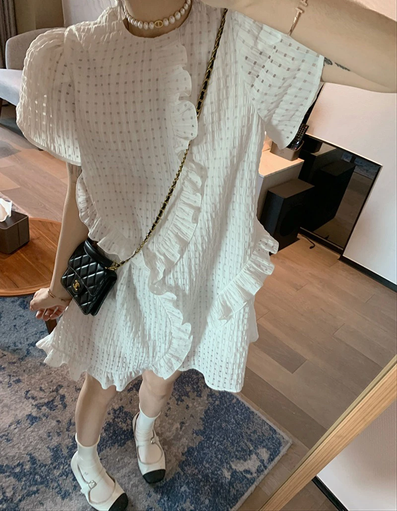 孕期华夫格荷叶边不规则花边高级感显瘦连衣裙女夏天M