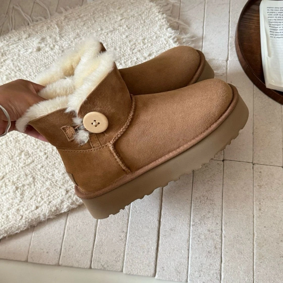 【厚底一粒纽扣】皮毛一体雪地靴保暖加厚短筒冬季女鞋河南桑坡3352