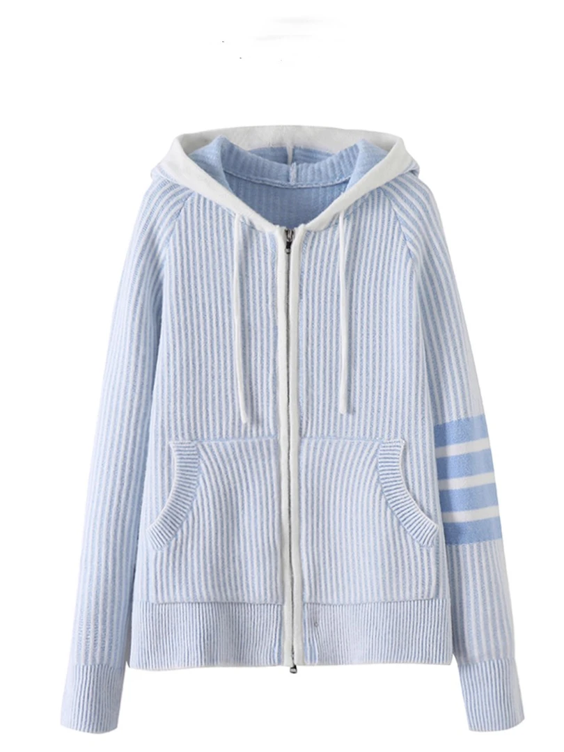 学院风连帽条纹双层针织衫外套女春秋慵懒风休闲蓝色毛衣开衫上衣