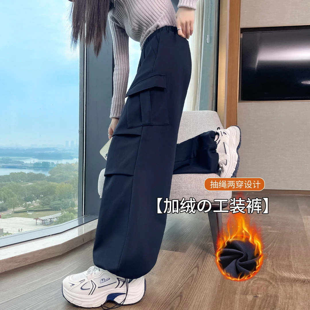 秋冬加绒休闲工装裤女2025新款高腰显瘦直筒美式束脚阔腿运动裤子