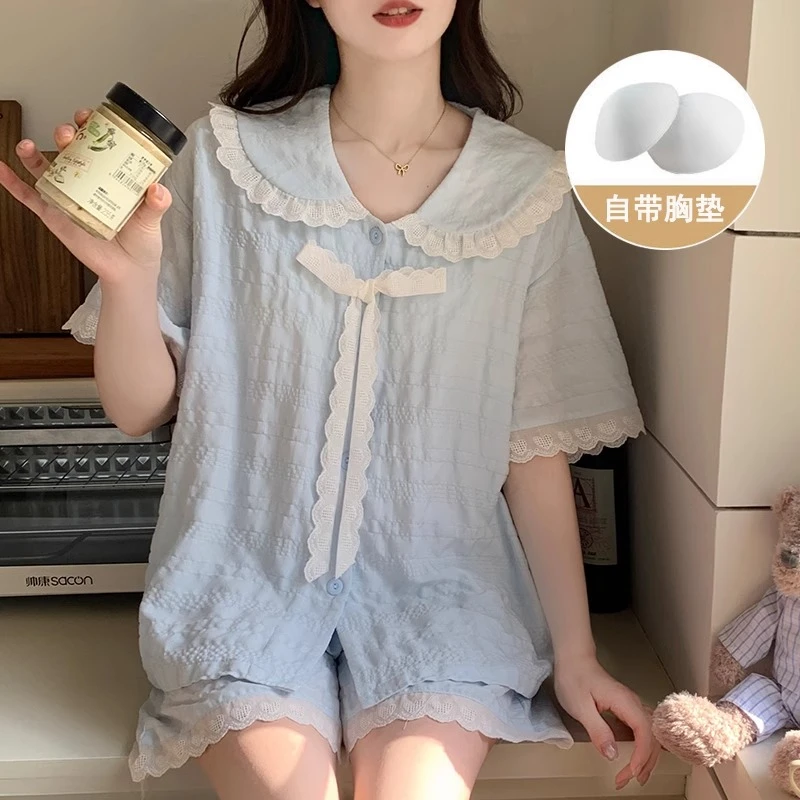 夏季娃娃领薄款云朵棉花边睡衣女甜美带胸垫简约可外穿网红两件套