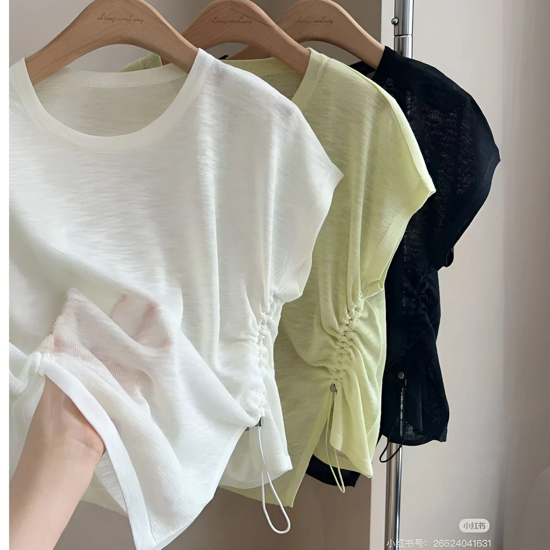 2025夏装冰爽雪花棉透气凉感显瘦大码胖mm开叉设计感短袖上衣女装