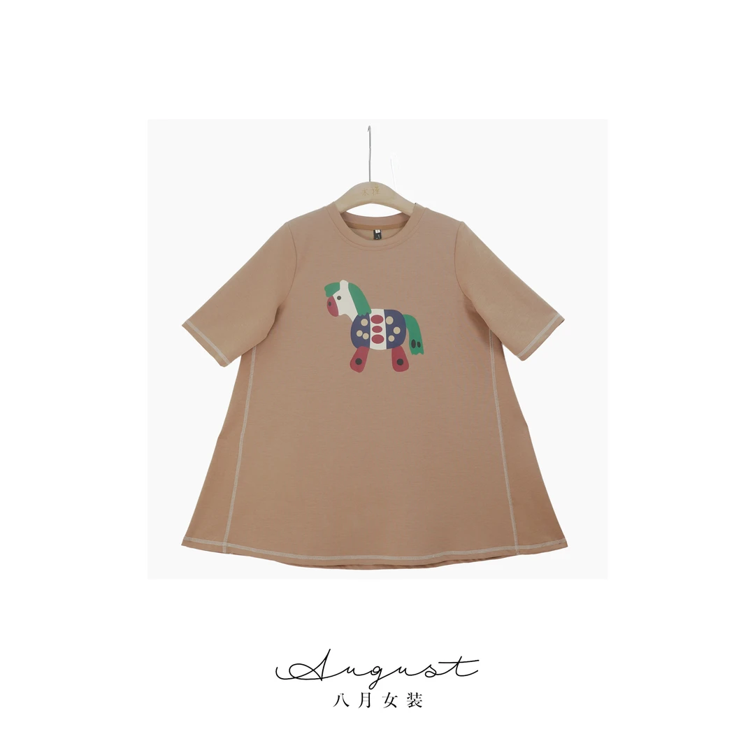 【BAYUE】3626小马气质印花短袖明线装饰休闲百搭中长款通勤上衣