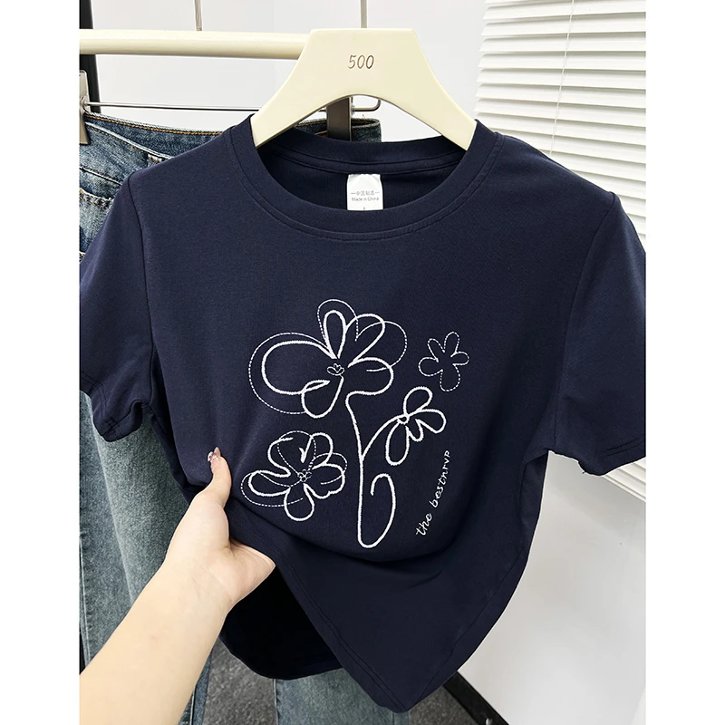 2025夏季新款韩版设计感线条花朵印花圆领显瘦正肩短袖t恤女上衣