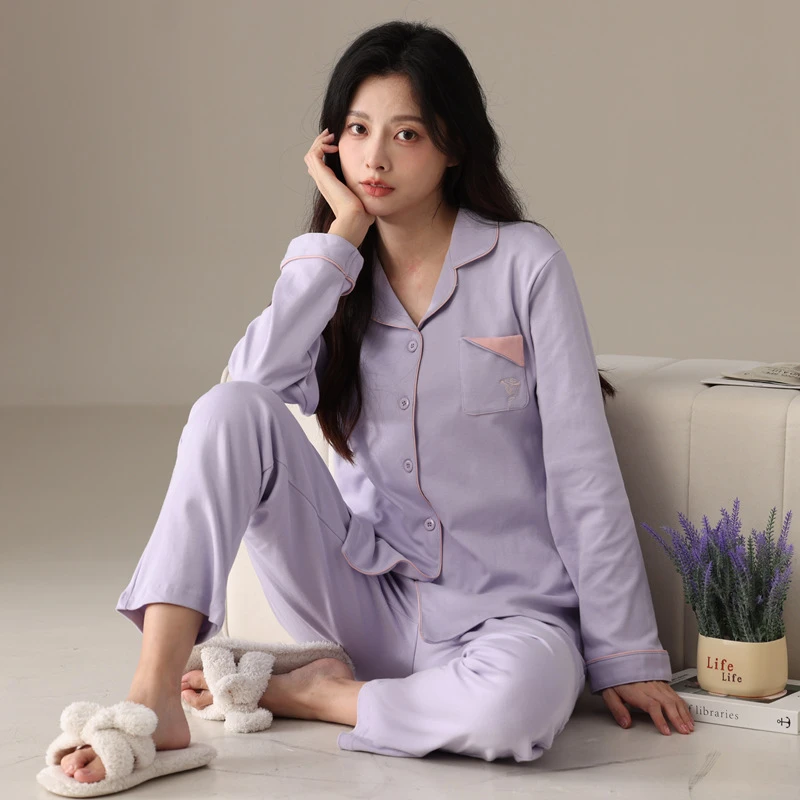 绮瑞女春秋长袖纯棉睡衣加厚秋款亲肤全棉女士开衫家居服大码套装