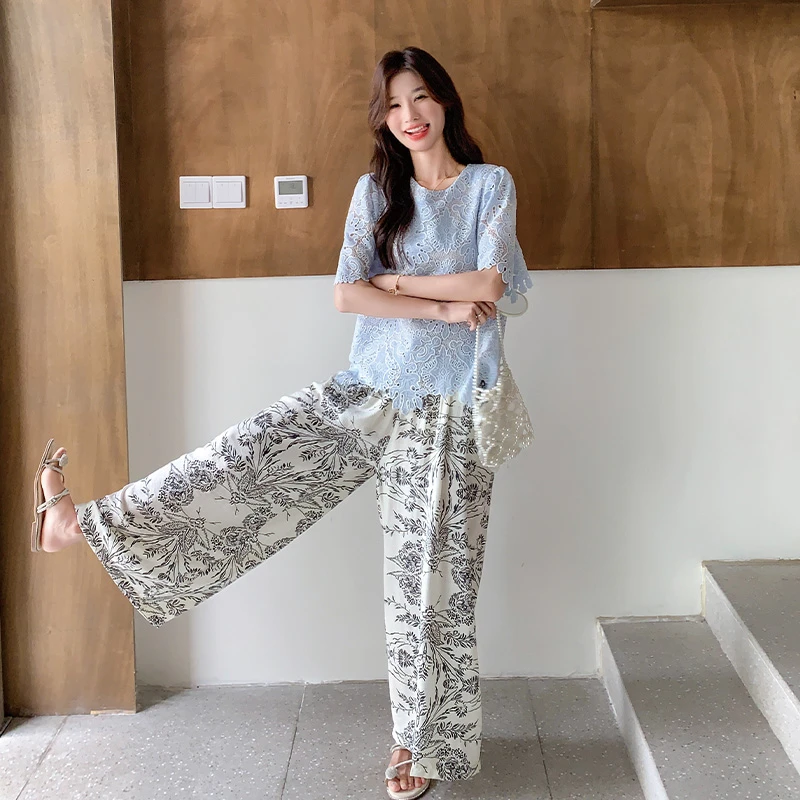 甜美蕾丝镂空T恤印花阔腿裤套装女2025夏新款独特漂亮绝美两件套