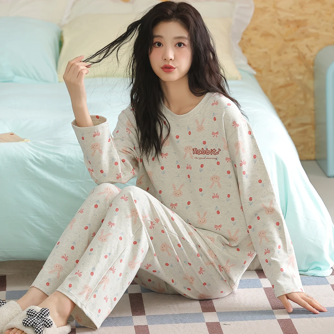 卡之恋长袖40支紧赛精梳双面纯棉浅灰小兔家居服【中厚全棉240g】