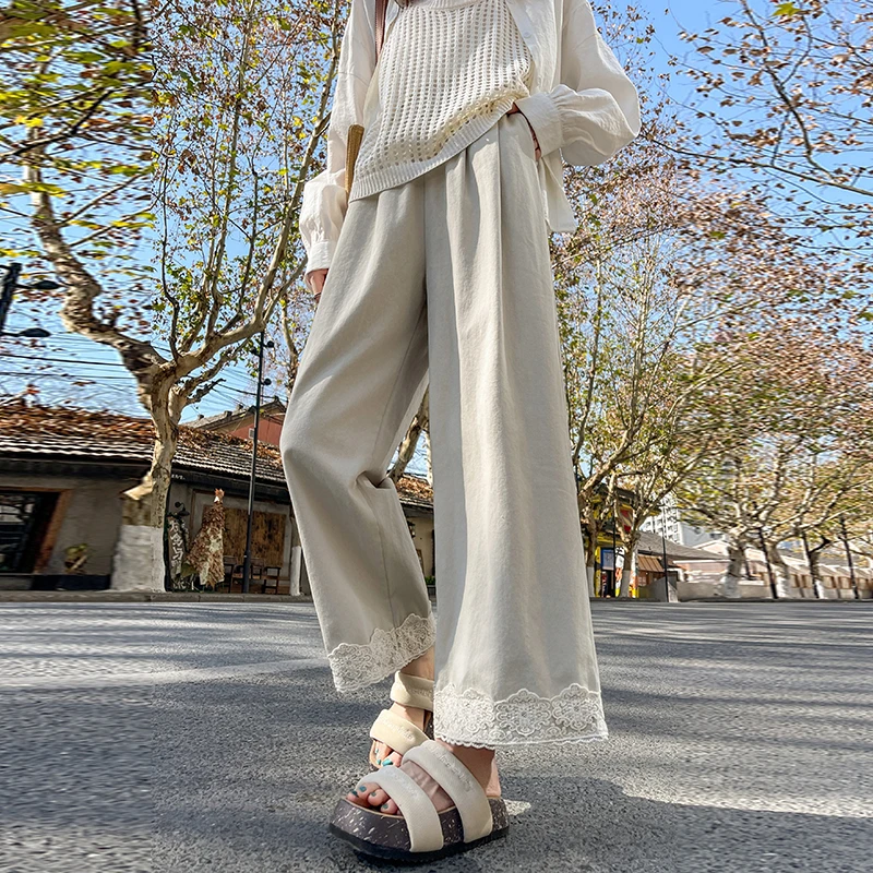 杏色蕾丝拼接阔腿裤女2025春季新款高腰窄版宽松休闲九分直筒裤女