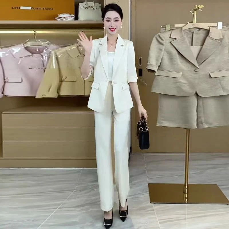 0534修身型七分袖减龄夏季西装女神范百搭休闲风韩版西服长袖套装