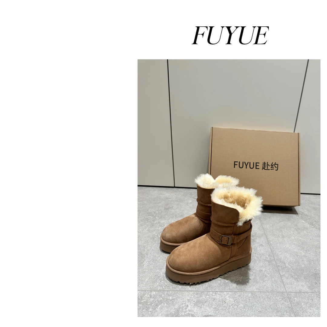 FUYUE赴约 品质原栗色厚底低邦皮毛一体雪地靴加厚时尚休闲百搭