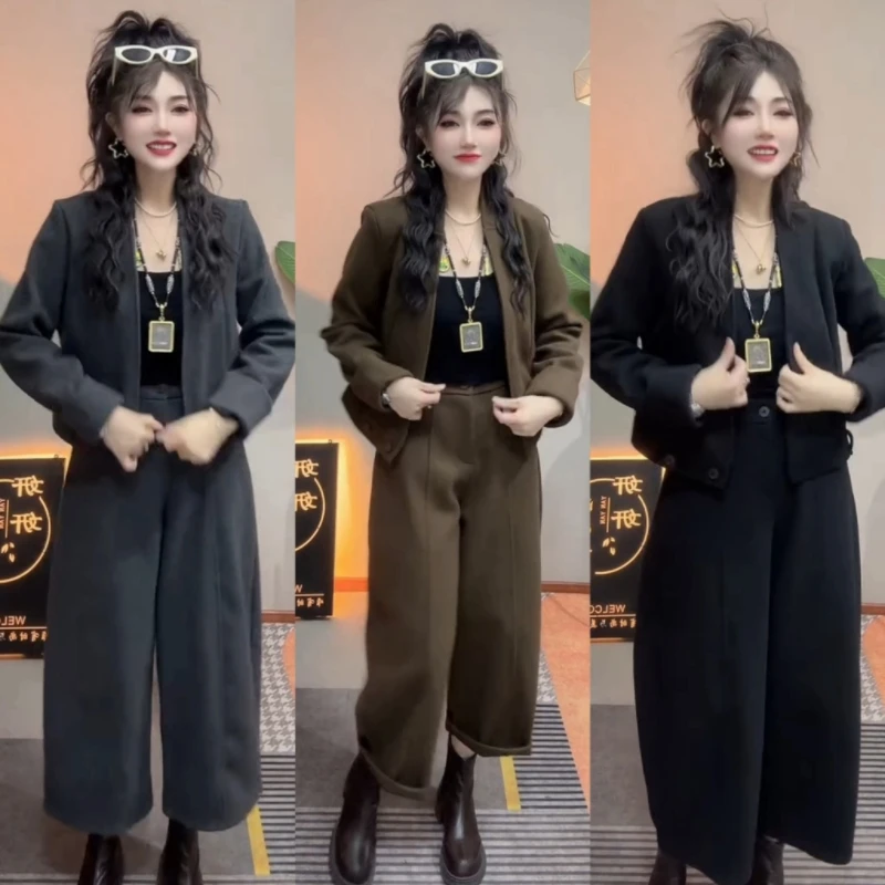 秋冬复古港风短款长袖上衣搭配长裤时尚套装